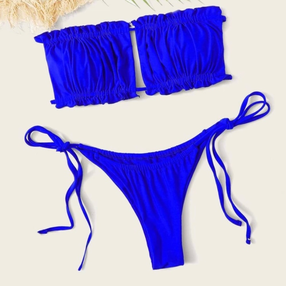 RUCHED FRILL BANDEAU TIE SWIM SUIT